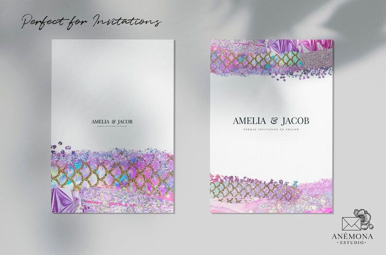 May include: Two wedding invitation cards with a purple, pink, and gold glitter design. The text on the cards reads "Amelia & Jacob".