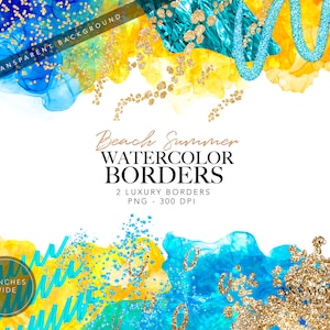 Watercolor Glitter Border Clipart: Yellow & Blue Frames (Digital Download)