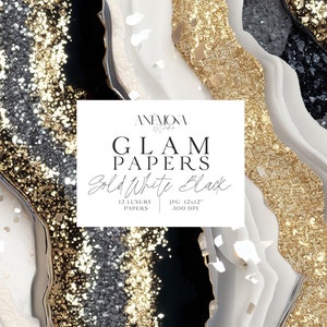 Carta digitale glamour, glitter scintillante, oro, argento, nero, texture di quarzo, geode di marmo, agata metallizzata, sfondi digitali di lusso
