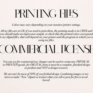 May include: A digital art print with text about printing files and commercial license terms. The text is in a black serif font on a light pink background. The text includes information about color settings and usage rights.