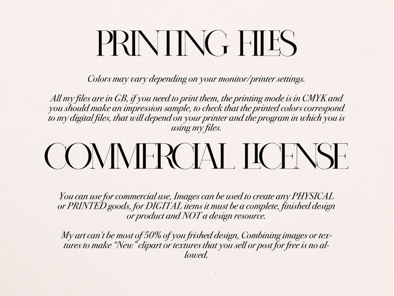 May include: A digital art print with text about printing files and commercial license terms. The text is in a black serif font on a light pink background. The text includes information about color settings and usage rights.