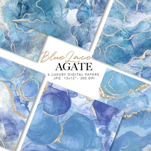 Blaues Achat digitales Papier - Blaues Marmorpapier - Alcohol Ink Art - Blaues Strukturpapier - Druckbares digitales Geode-Papier für kommerzielle Nutzung
