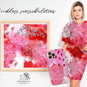 Op de afbeelding: Een digitale illustratie van roze en rode abstracte aquarel met zilveren glitter en harten. Het ontwerp is te zien op een telefoonhoesje en een jurk. De tekst "Endless possibilities" staat bovenaan de afbeelding.