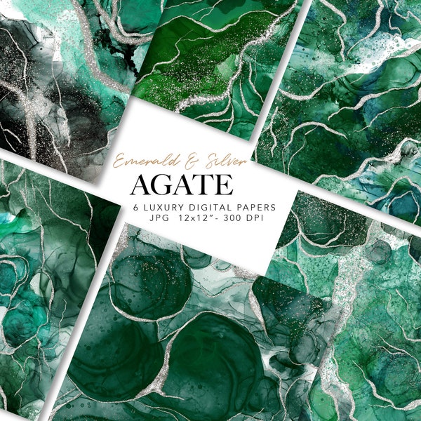 Emerald Agate digital paper - Green and silver Marble paper - Alcohol Ink Art, Texture Emerald paper -  Printable Geode paper commercial use