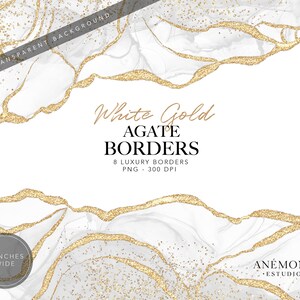 Agate blanche bordures clipart, clipart géode de cristal - Paillettes d'or, bordure en marbre - bordures d'encre à l'alcool, usage commercial