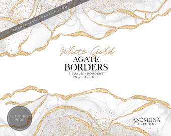 White Agate Borders clipart, crystal geode clipart - Gold glitter, marble border -  Alcohol ink borders, commercial use