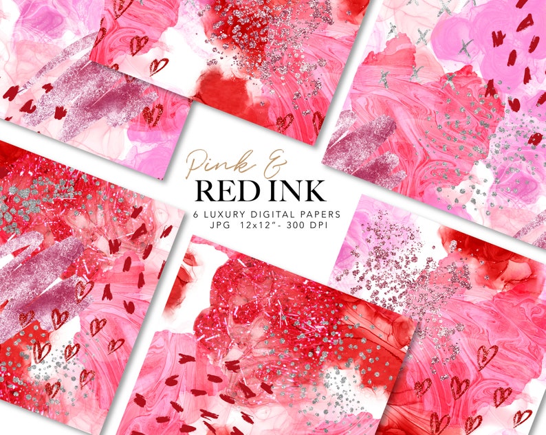 Op de afbeelding: Zes digitale papieren met abstracte aquarelontwerpen in roze en rood met zilveren glitteraccenten en harten. De papieren zijn 12x12 inch en 300 DPI.
