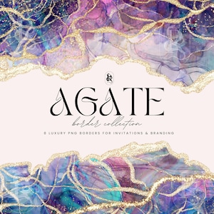 May include: Digital design of an agate border collection. The design features a watercolour effect with shades of purple, blue, and gold. The text "AGATE border collection" is displayed in an elegant black font, with additional text below.