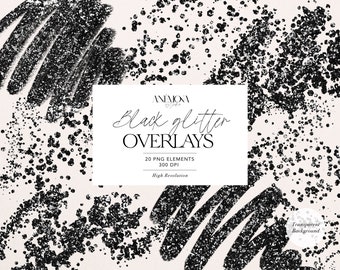 May include: Black glitter overlays, a set of 20 high-resolution PNG elements, perfect for adding a touch of sparkle to your designs. The overlays feature various shapes and sizes of black glitter, with a transparent background.