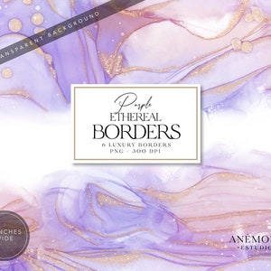 Purple Alcohol Ink Border Clipart: Gold Watercolor Overlays (Digital Download)