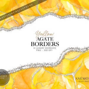 Bordes de ágata amarilla, geoda de acuarela - Borde de mármol amarillo con brillo plateado - Descarga instantánea - Uso comercial