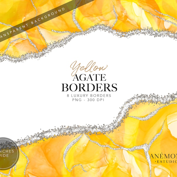 Yellow Agate Borders clipart, Watercolor geode clipart - Silver glitter Yellow marble border -  instant download - commercial use