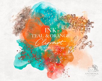 Teal & Orange Watercolor Splash Clipart with Glitter (PNG Instant Download)