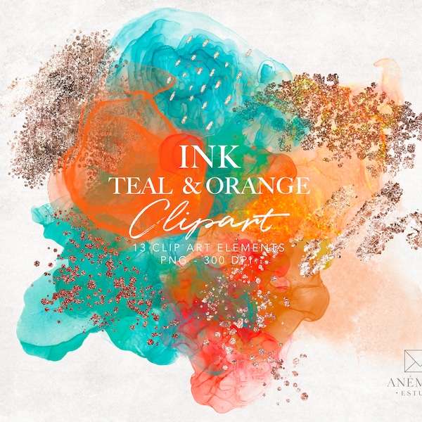 Teal and orange  Alcohol Ink clipart  - Splashes clipArt - Abstract Watercolor clipart - Alcohol Ink clipart - commercial use