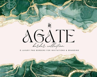 Emerald Agate Borders PNG Clipart, Marble and Gold Glitter Veins Borders for Wedding Invitations, Branding, Design Cards, Digital download