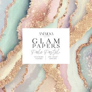 Carta digitale glamour con glitter scintillanti e unicorno pastello, texture di quarzo geode di marmo agata metallizzata, sfondi digitali di lusso