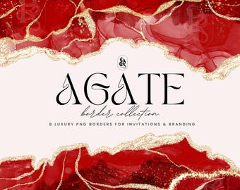 Red Agate Borders PNG Clipart, Marble and Gold Glitter Veins Borders for Wedding Invitations, Branding, Design Cards, Digital download