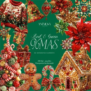 3D clipart de Natal, casa de gengibre de lantejoulas, natal vermelho, árvore de Natal, poinsétia, bengala de doces, floco de neve, enfeites, PNG de feriado