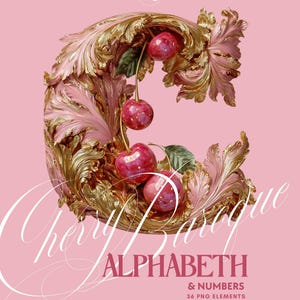 May include: Pink and gold ornate letter "C" with cherries. The letter is part of a set called "Cherry Basque Alphabet & Numbers" with 36 PNG elements. The design features a pink base with gold accents and realistic red cherries.