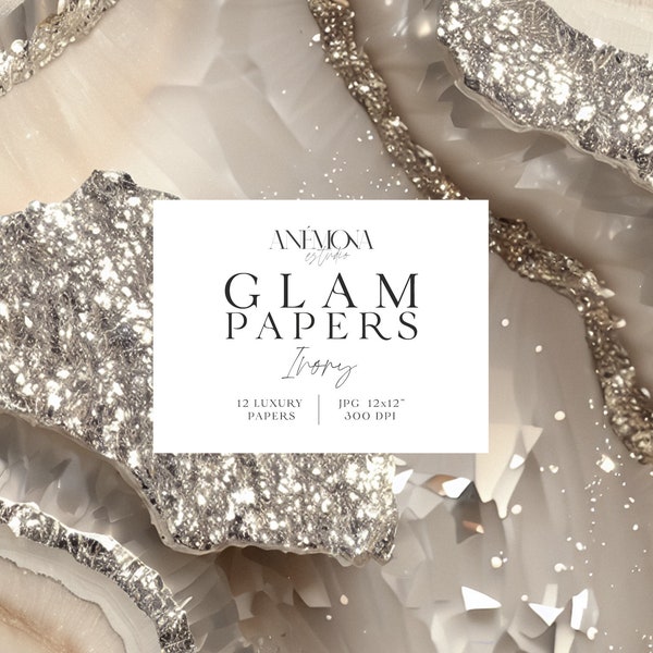 Ivory Sparkling Shiny Glitter Glamorous Digital Paper, Metallic Agate Marble Geode Quartz Texture, Luxury Digital Backgrounds