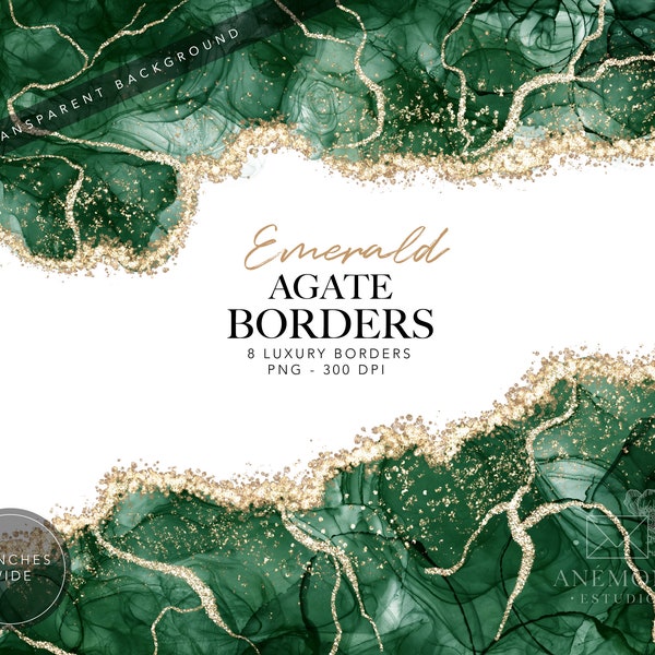 Green Emerald Agate Borders clipart, Watercolor geode clipart - Gold glitter Emerald marble border -  instant download - commercial use