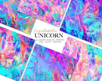 Psychedelisches Einhorn Digitales Papier: Regenbogen Holographisches Muster (Kommerzielle Nutzung)