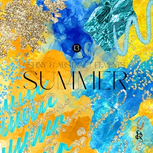 Clipart de verano abstracto en turquesa y dorado: texturas de tinta de alcohol amarilla brillante, purpurina azul y elementos de lámina para sublimación y diseño.