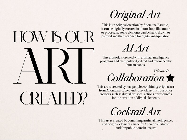 May include: Text graphic explaining how art is created, with four categories: Original Art, AI Art, Collaboration, and Cocktail Art. Each category has a description of how the art is created.