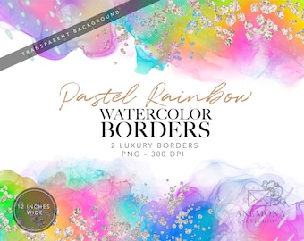 Pastel Rainbow Watercolor Glitter Border Clipart (Digital Download)