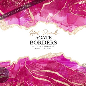 Hot Pink Agate Borders clipart, Pink Watercolor geode clipart - Gold glitter marble border -  instant download - commercial use