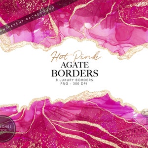 Clipart de bordas de ágata rosa choque, clipart de geodo em aquarela rosa - Borda de mármore com glitter dourado - download instantâneo - uso comercial