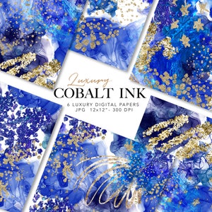 Blue Digital Paper - Glitter Abstract paper - Blue and Gold Alcohol Ink  - Modern Seamless  Pattern - Commercial Use