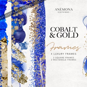 Blue and Gold Frame Clipart: Glitter Indigo Border (Digital Product)