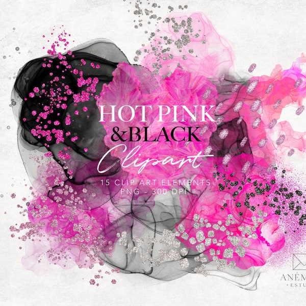 Hot Pink and Black  Alcohol Ink clipart  - Splashes clipArt - Abstract Watercolor clipart - Alcohol Ink clipart - commercial use