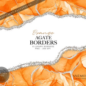 Może przedstawiać: Pomarańczowe obramowania z agatu z srebrnym brokatem. 8 cyfrowych obramowań, 30 cm szerokości, 300 DPI. Format PNG.  "Orange Agate Borders" i "ANÉMONA ESTUDIO." są napisane na obrazku.
