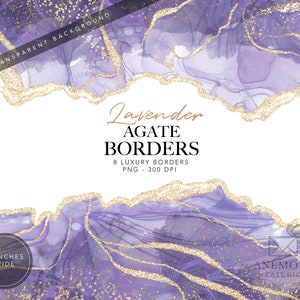 Imágenes prediseñadas de bordes de ágata morada, borde lavanda, imágenes prediseñadas de geoda de acuarela lila - Borde de mármol con brillo dorado, descarga instantánea, uso comercial