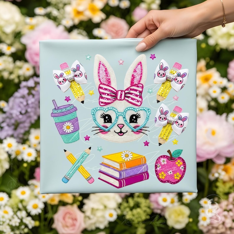 Puede incluir: Un lienzo azul claro con un rostro de conejo bordado con gafas en forma de coraz&oacute;n y un lazo rosa. El dise&ntilde;o incluye l&aacute;pices, libros, una manzana, una taza para beber y lazos con tem&aacute;tica de conejos. El fondo es un arreglo floral.