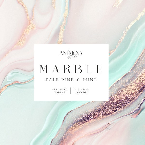 Pink and mint Marble Backgrounds, pastel marble, gold foil marble paper, digital paper pack, marble texture background, Digital download