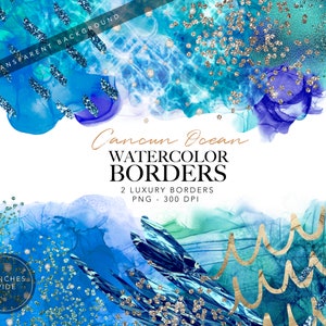 Aqua Aquarell Glitter Border Clipart: Blauer Alkohol Tinte Rahmen (digitales Produkt)