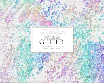 Pastel Rainbow Glitter Confetti Clipart: Shimmering PNG Overlays (Digital Download