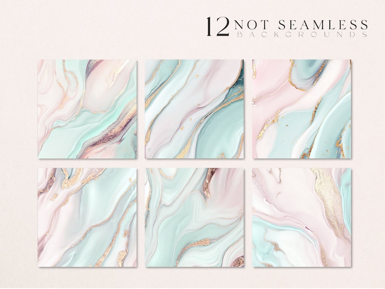 May include: Twelve abstract digital backgrounds featuring a swirling, marbled pattern in shades of pink, blue, and green with gold accents. The text "12 NOT SEAMLESS BACKGROUNDS" is at the top of the image.