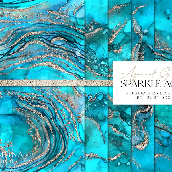 Aqua Agate Papier, Marmor und Gold Glitzer Papier, nahtloses Papier, Aqua Alcohol Ink Papier, Geode Papier, sofortiger Download, kommerzielle Nutzung