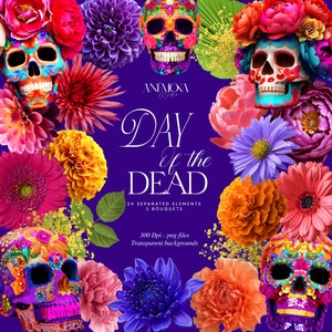 Tag der Toten Clipart, Zuckerschädel, Dia de los muertos, Ringelblumen Blumen Clip Art, mexikanische Blumen Clipart, Digital Download transparent PNG