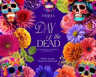 May include: A digital illustration of Day of the Dead imagery.  The image features colourful sugar skulls, flowers, and the text "Day of the Dead".