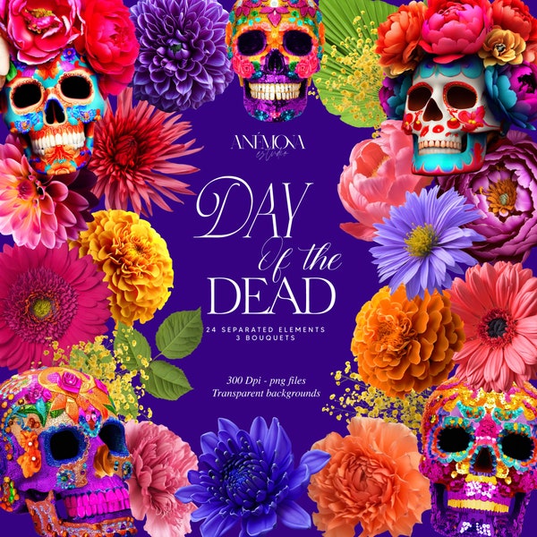 Day of the Dead clipart, Sugar Skull, Dia de los muertos, marigold floral Clip art, Mexican floral clipart, Digital Download Transparent PNG