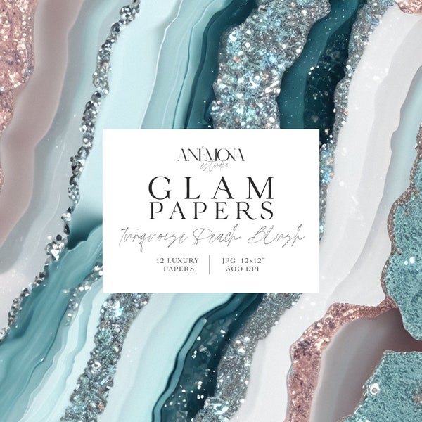 Turquoise Blush Sparkling Shiny Glitter Glamorous Digital Paper, Metallic Agate Marble Geode Quartz Texture, Luxury Digital Backgrounds