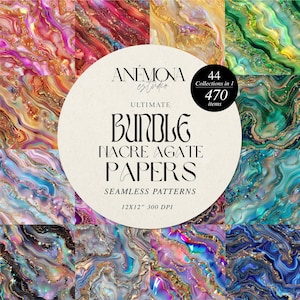 Puede incluir: Un paquete de papel digital con 470 patrones sin costuras que presentan texturas de ágata iridiscente y nácar. Los patrones miden 30,5 cm x 30,5 cm y 300 DPI. El paquete se llama "Ultimate Bundle Nacre Agate Papers".