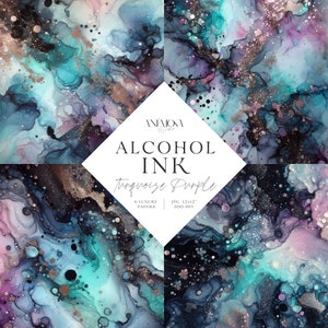 Motivo a inchiostro alcolico viola turchese, texture liquide, sfondi scintillanti eleganti e glamour, carta digitale a inchiostro alcolico per sublimazione