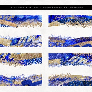 May include: Eight luxury borders with a transparent background. Each border features a combination of blue, gold, and white elements. The designs include brushstrokes, glitter, and textured paper effects, creating a sophisticated and artistic look.