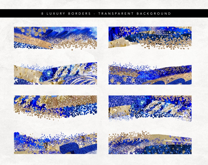 May include: Eight luxury borders with a transparent background. Each border features a combination of blue, gold, and white elements. The designs include brushstrokes, glitter, and textured paper effects, creating a sophisticated and artistic look.